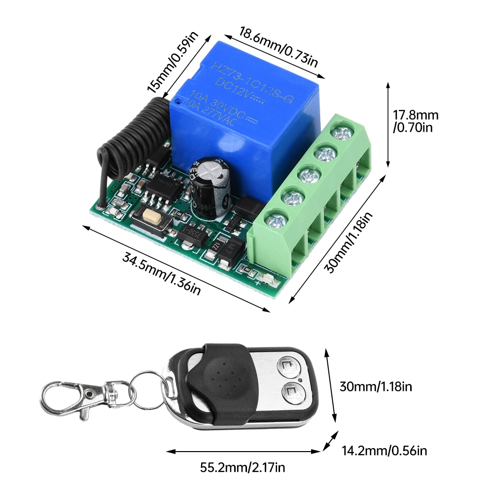 Módulo receptor de interruptor de Control remoto inalámbrico de relé único DC12V 433MHz con carcasa exterior y interruptor de Control remoto de 2 vías - imagen 2