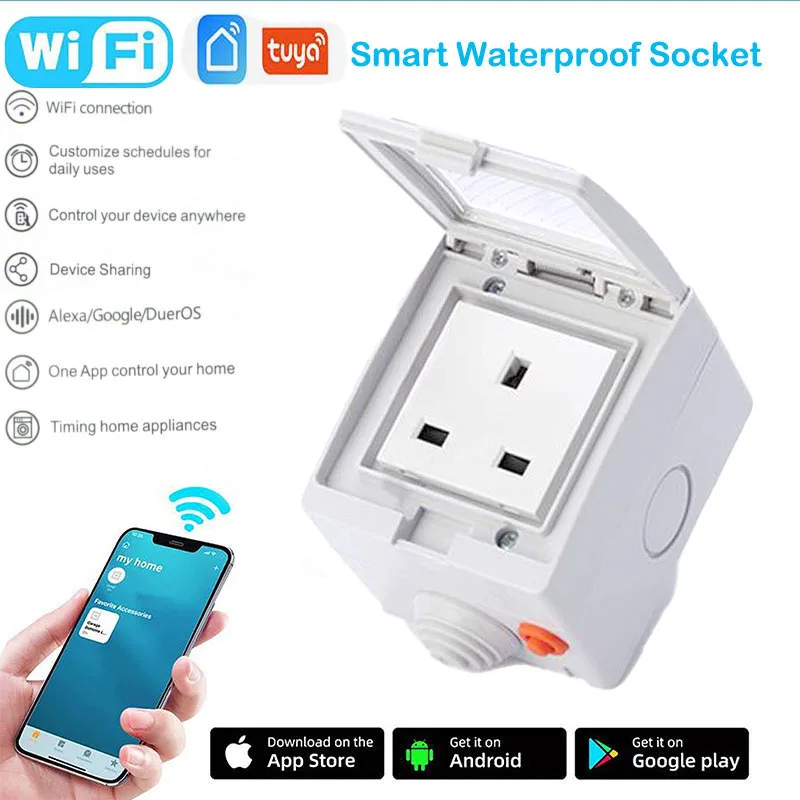 Tuya 16A Fr, UE, Reino Unido, EE. UU. WiFi enchufe inteligente IP55 pared del baño conector de fuente de alimentación impermeable con Control de aplicación remota Smart Life
