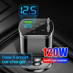 Cargador Coche 5 en 1 USB-C Rápido Cable Retráctil iPhone 15/16 Samsung