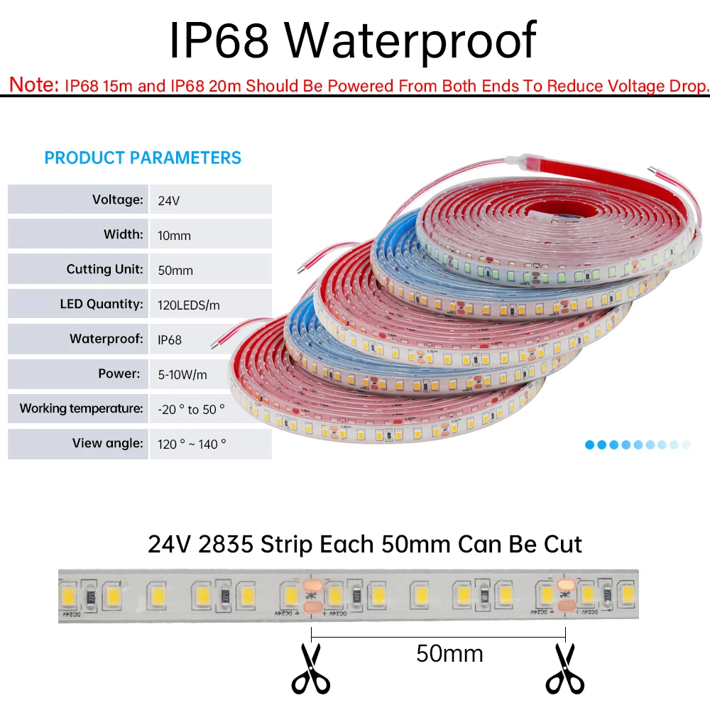 Tira de luces LED de 5M, 10M, 15M, 20M, 24V, 2835, 120LEDs/m, IP20, tira de lámpara para el hogar, cinta Flexible IP68 cálida/Natural/blanca para jardín al aire libre - imagen 4