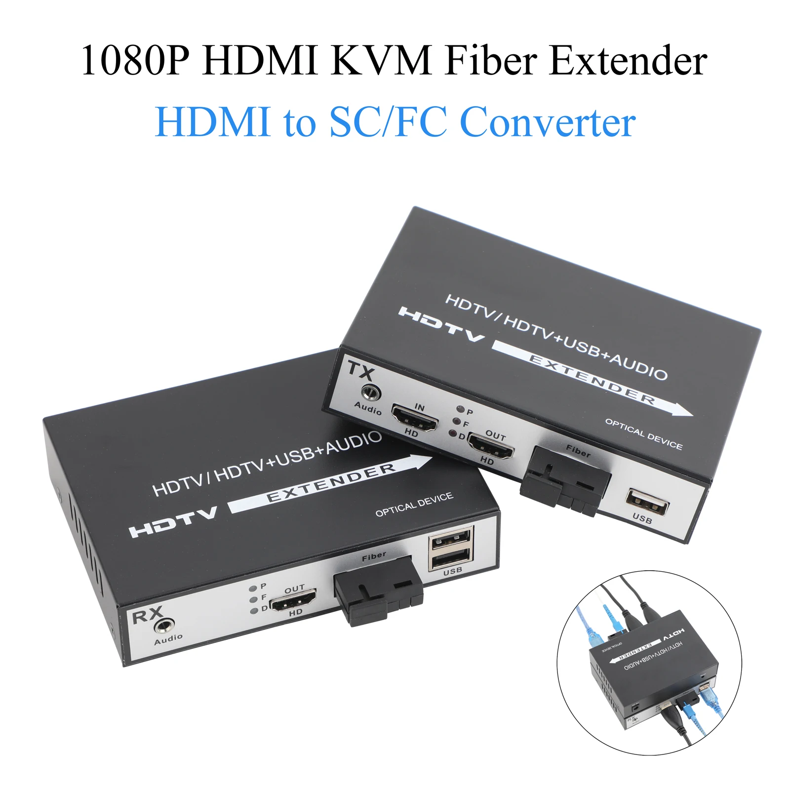 Convertidor de medios transceptor óptico de 1080P, convertidor de Audio/vídeo, compatible con salida de bucle + Audio + USB con enchufe de alimentación de EE. UU./UE