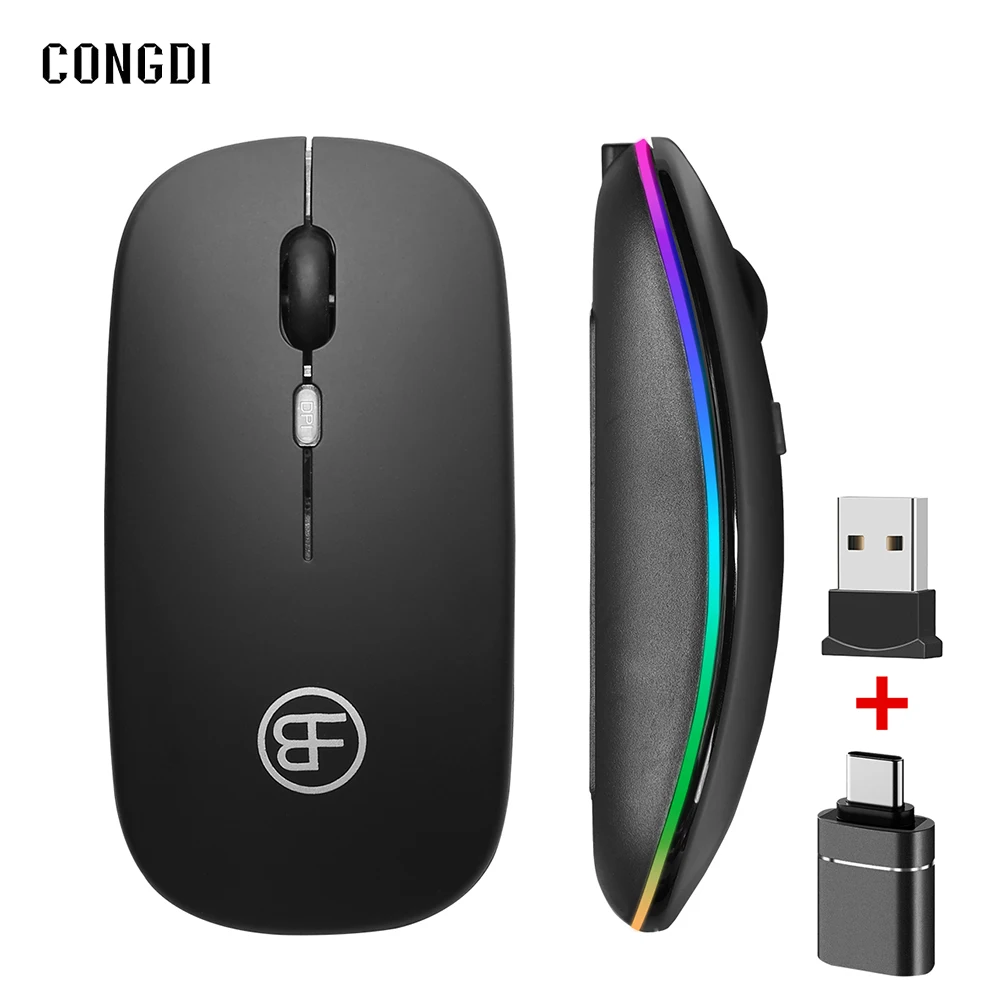 Ratón Compatible con Bluetooth, ratón inalámbrico de 2,4 GHz, ratón silencioso recargable, ratón USB retroiluminado con LED para juegos, 1600DPI para PC, Mac y tableta - imagen 2