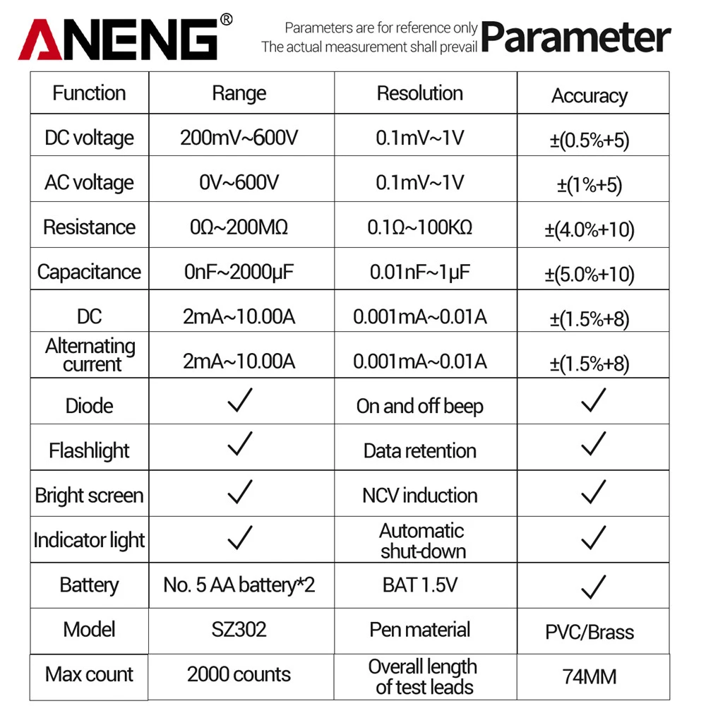 ANENG-multímetro Digital SZ302, probador automático de corriente de voltaje CA/CC, Detector NCV de resistencia, amperímetro de ohmios, medidor de capacitancia - imagen 5