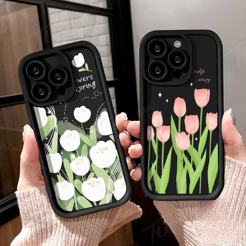 Funda de silicona para teléfono Samsung Galaxy, carcasa con diseño de flor de tulipán blanco y rosa para S24 Ultra S23 FE S22 S21 Plus FE A54 A34 A14 A73 A53 A33 5G - imagen 2