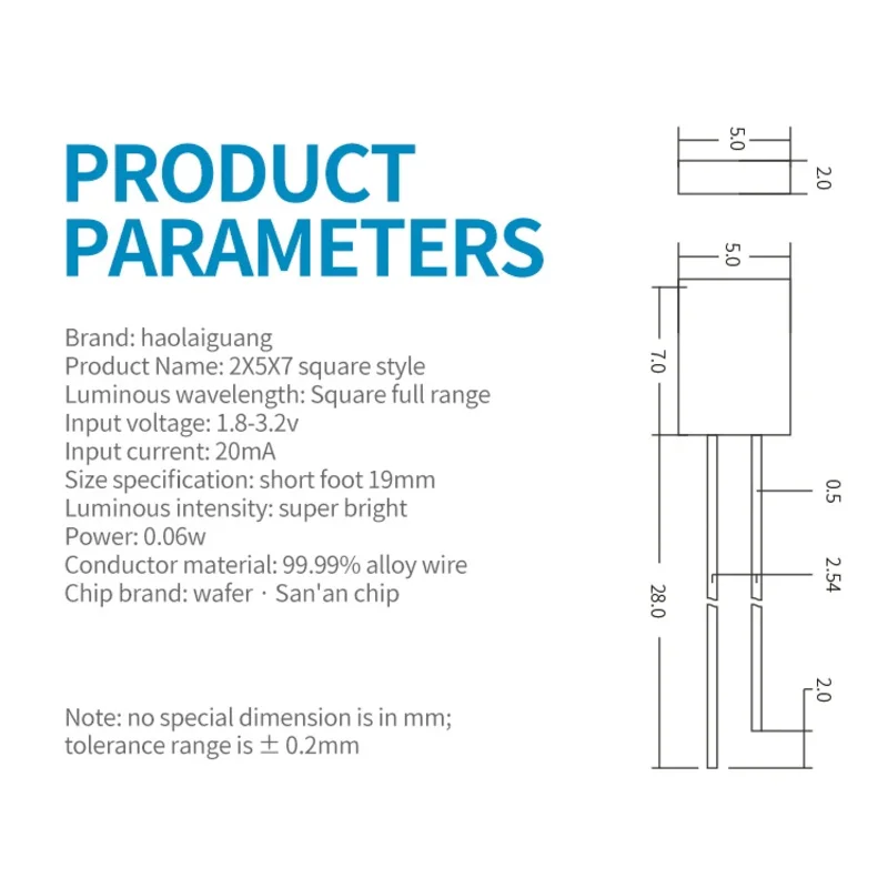 100 unids/lote 2x5x7 lámpara de diodo emisor LED cuadrado blanco rojo verde azul amarillo naranja indicador - imagen 3