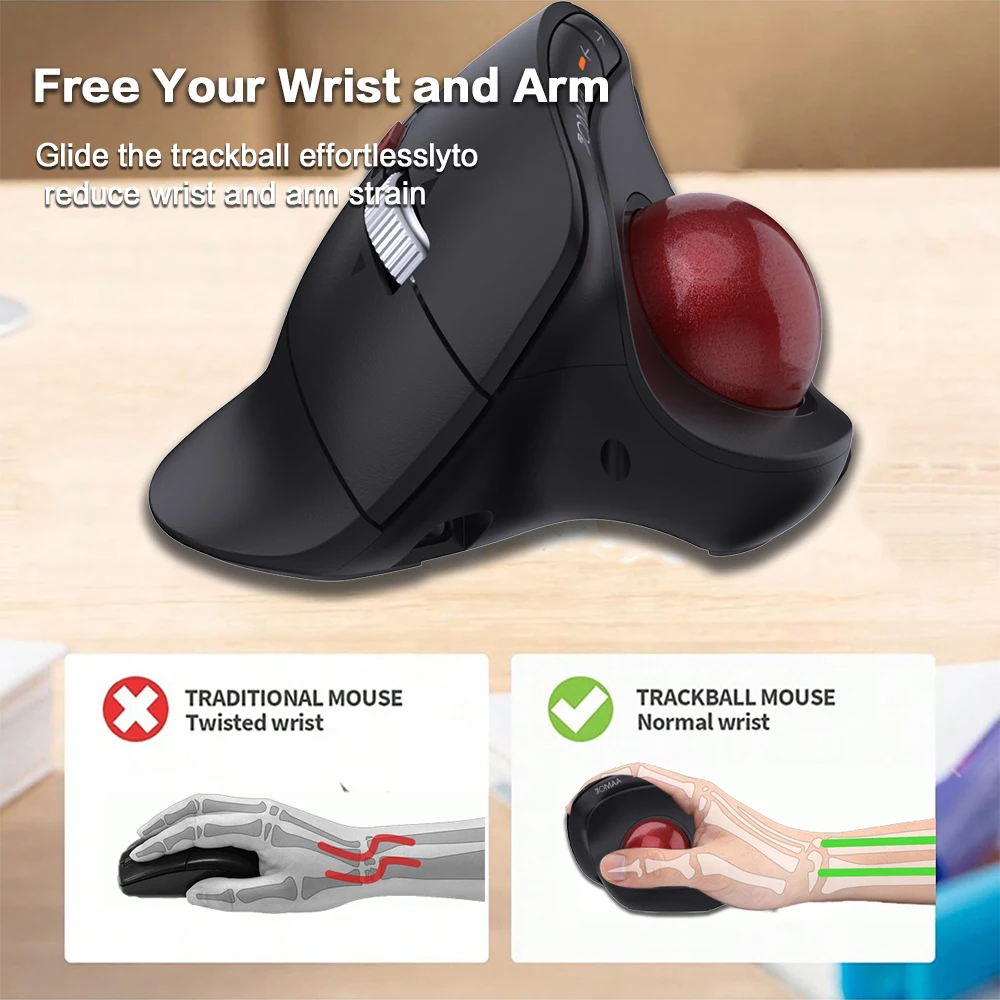 Ratón Trackball inalámbrico ergonómico Bluetooth5.0 y 2,4G con diseño vertical y rodillo de velocidad, ratones ópticos recargables de 1000DPI, negro - imagen 3