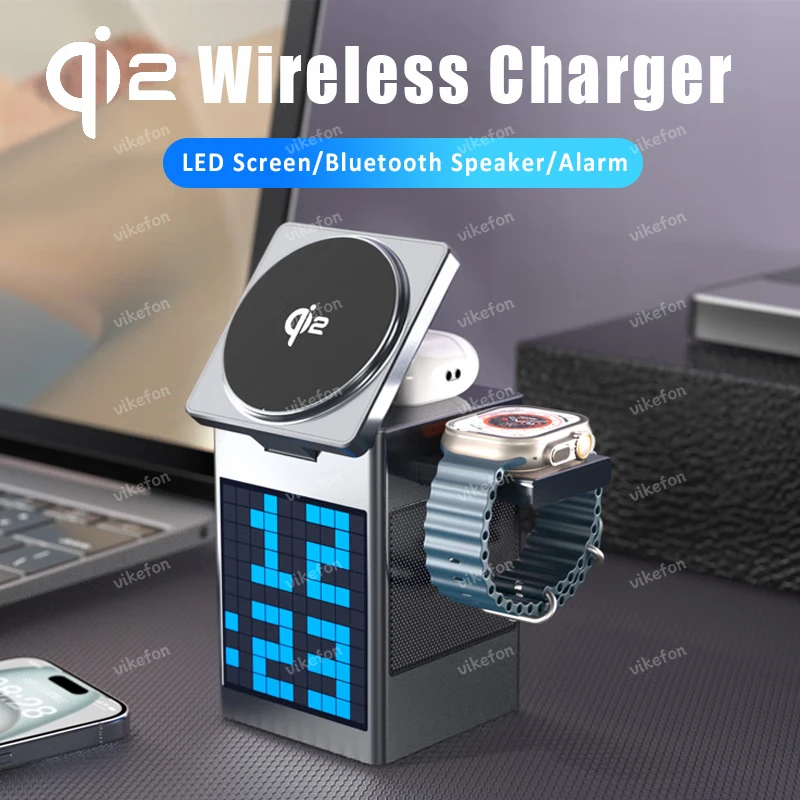 QI2 LED magnético cargador inalámbrico soporte Bluetooth altavoz despertador para Magsafe iPhone 12-17 Pro Max Airpods Pro Apple Watch - imagen 2