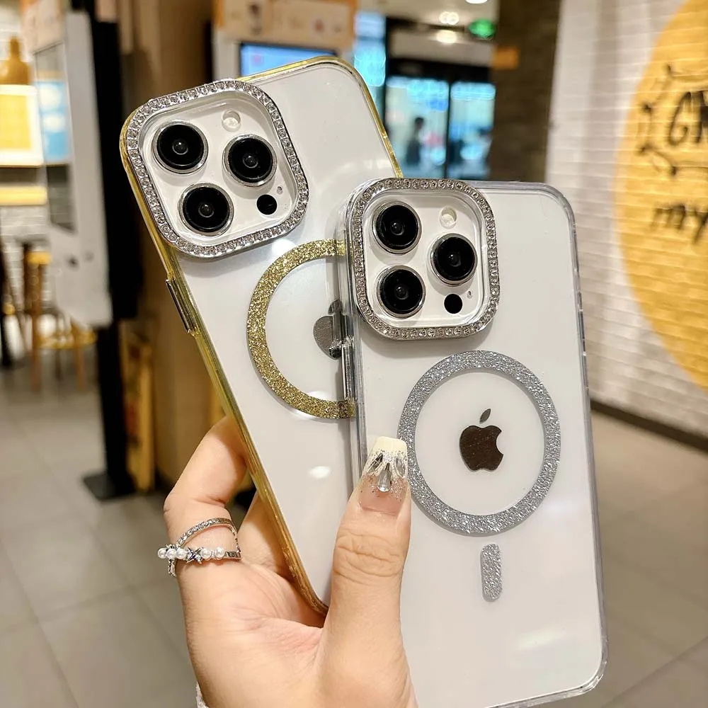 Magsafe-funda de teléfono transparente para iPhone, carcasa suave magnética a prueba de golpes, con purpurina acrílica y carga inalámbrica, para modelos 16, 15, 14, 13 Pro Max Plus - imagen 4