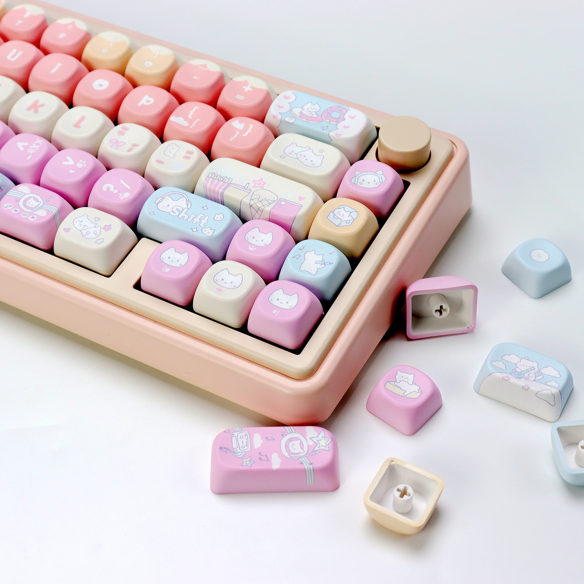 KBDiy 133 teclas/juego rosa lindo RocK Cat Keycap Anime KOA perfil PBT ISO Keycaps personalizados para aula F75 60 Teclado mecánico para juegos - imagen 3