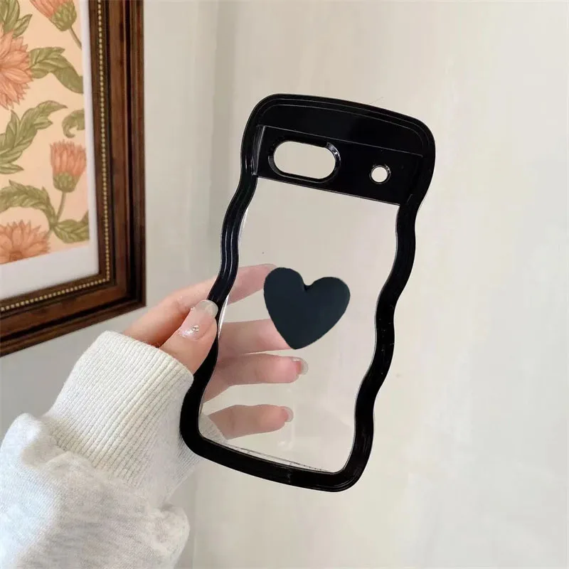 Funda de teléfono transparente para Google Pixel 8A 7A, carcasa trasera dura a prueba de golpes, bonita, 3D, corazón de amor, rizado, ondulado, parachoques, Color caramelo, 2 en 1 - imagen 3