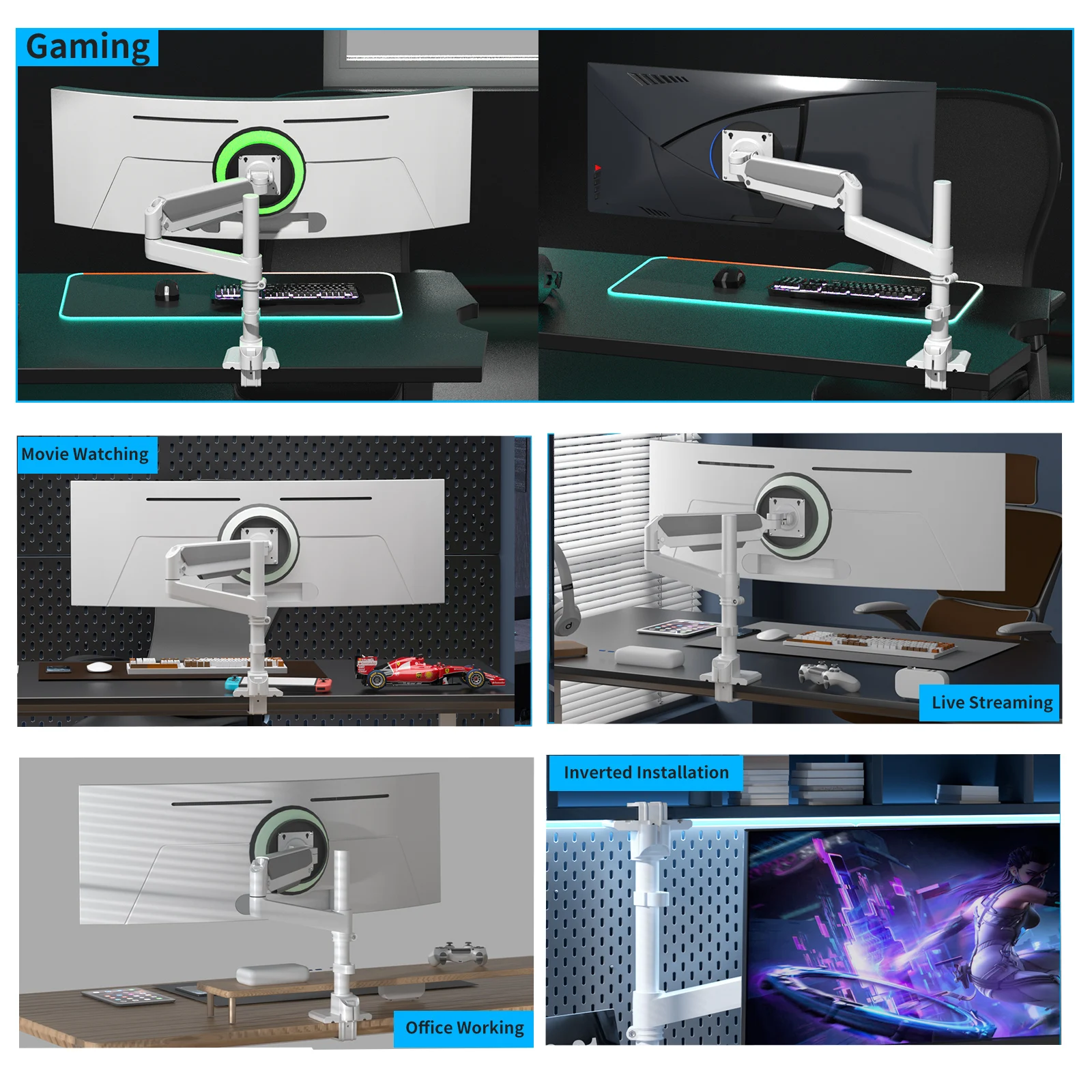 Brazo de monitor para 17 a 60 pulgadas, soporte de escritorio resistente totalmente ajustable, soporte de monitor compatible con 57 55 49" blanco H9 - imagen 5