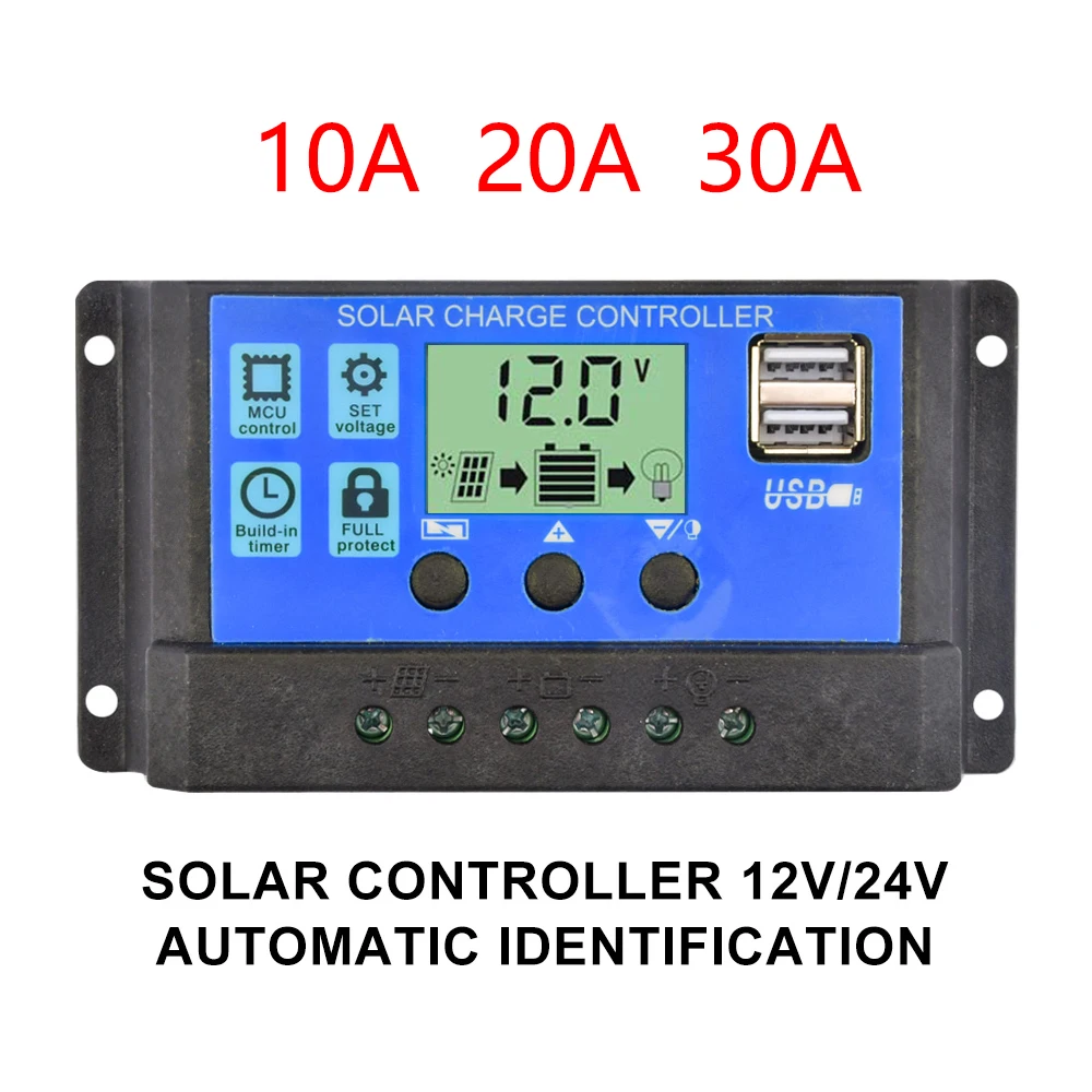 Controlador de carga Solar 10A 20A 30A 40A 50A 60A, regulador Solar de 12V 24V, cargador de batería PWM, pantalla LCD, puerto USB Dual, salida de 5V