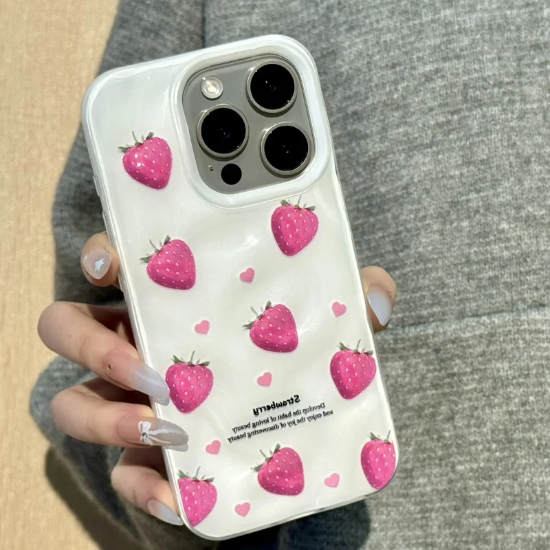 Fundas de teléfono con textura de fresa rosa para IPhone 16 Pro 15 13 12 11 14 Pro Max, funda protectora a prueba de golpes para chica encantadora, verano - imagen 2
