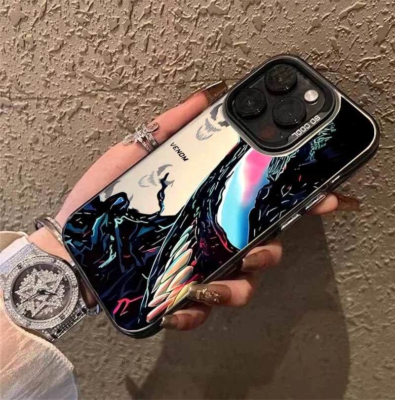 Funda de teléfono para IPhone 15 14 13 Pro Max 12 Mini 7 8 6 6S Plus XR X XS Max, funda Marvel Spider-Man Line Venom, láser plateado duro - imagen 3