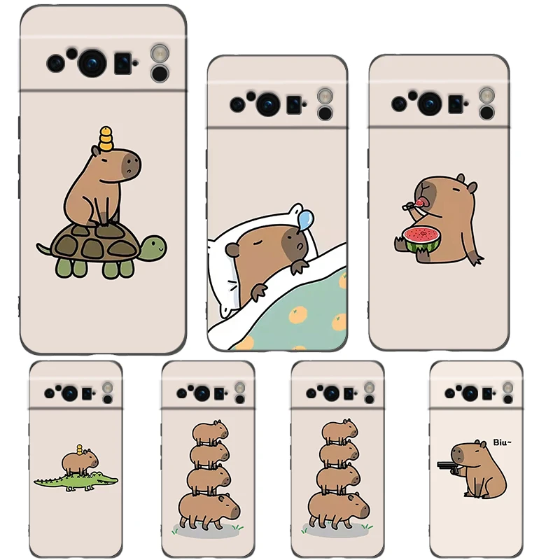 Bonita funda de teléfono Capybara para Google Pixel 9 8 7 6 Pro XL 8A 7A 6A TPU carcasa suave a prueba de golpes cubierta negra