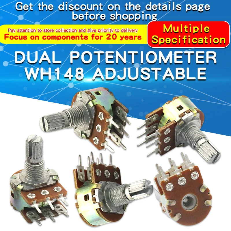 Paquete de 5 potenciómetros 2K 5K 10K 20K 50K 100K 500K 6 pines 15mm WH148 potenciómetro giratorio cónico doble lineal - imagen 2