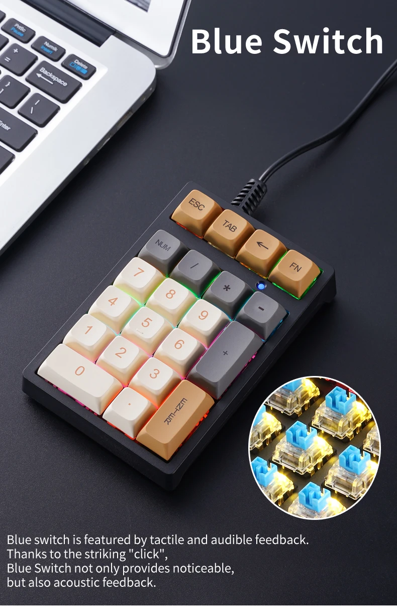 Teclado numérico mecánico con cable T21 de 21 teclas con luces multicolores y eje verde adecuado para finanzas, negocios y usuarios portátiles - imagen 5