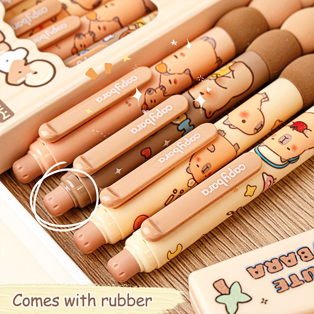 Bolígrafos de Gel borrables de capibara, dibujos animados, Kawaii, escritura de secado rápido, bolígrafos neutros suaves y elegantes, papelería estética, 4 Uds. - imagen 5