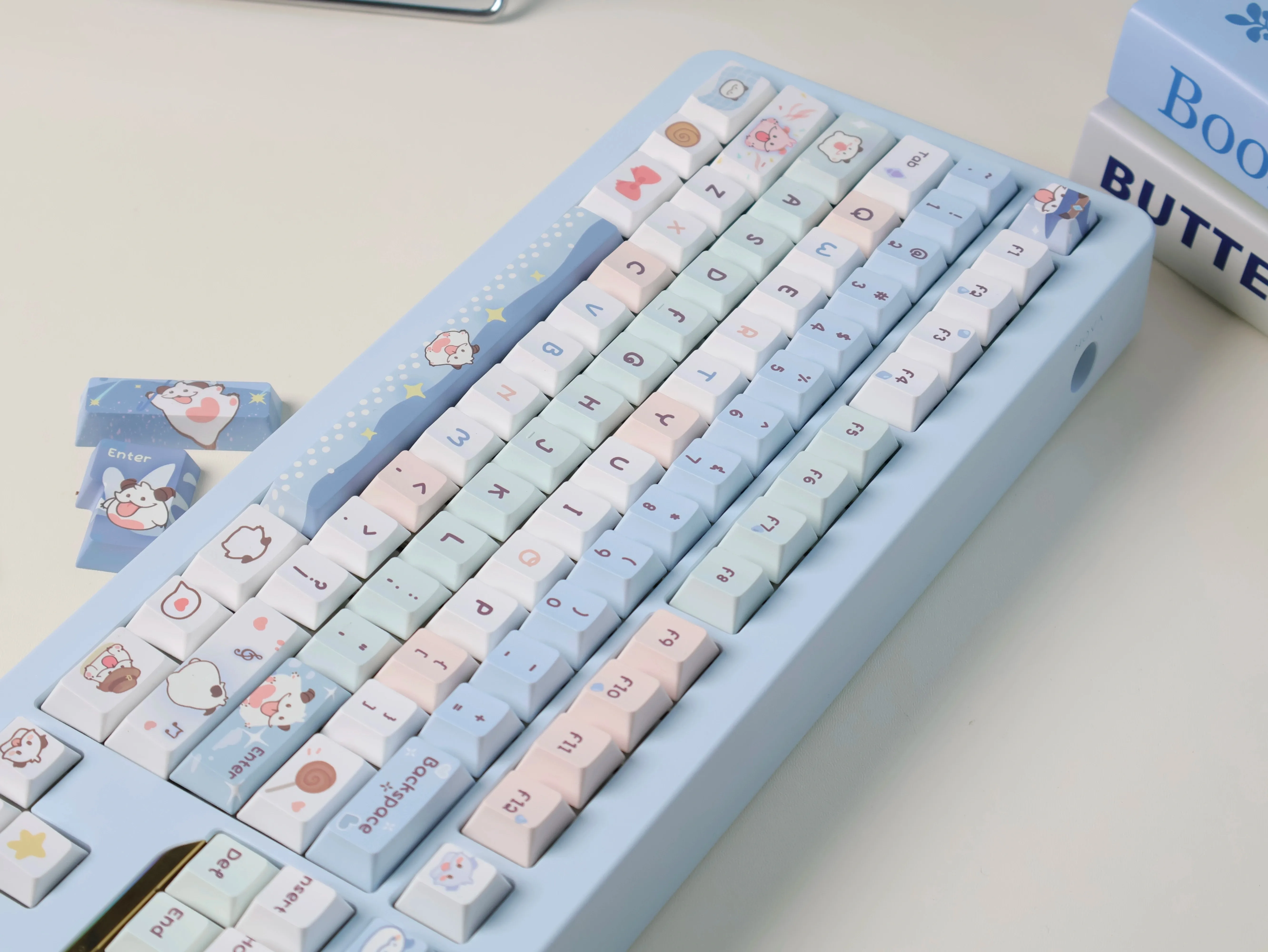 Teclas con tema de pequeño monstruo azul, teclas originales Kawaii PBT de sublimación con perfil de cereza para teclado mecánico, tapa de tecla personalizada - imagen 4