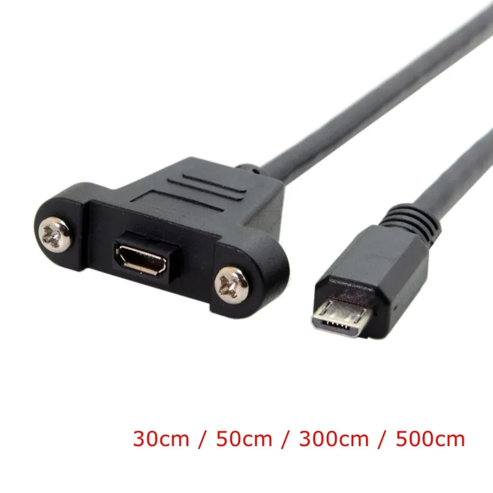 Conector macho Micro USB 2,0 de 5 pines a Cable de extensión hembra Micro USB 2,0 30cm 50cm 3M 5M con tornillos orificio de montaje en Panel