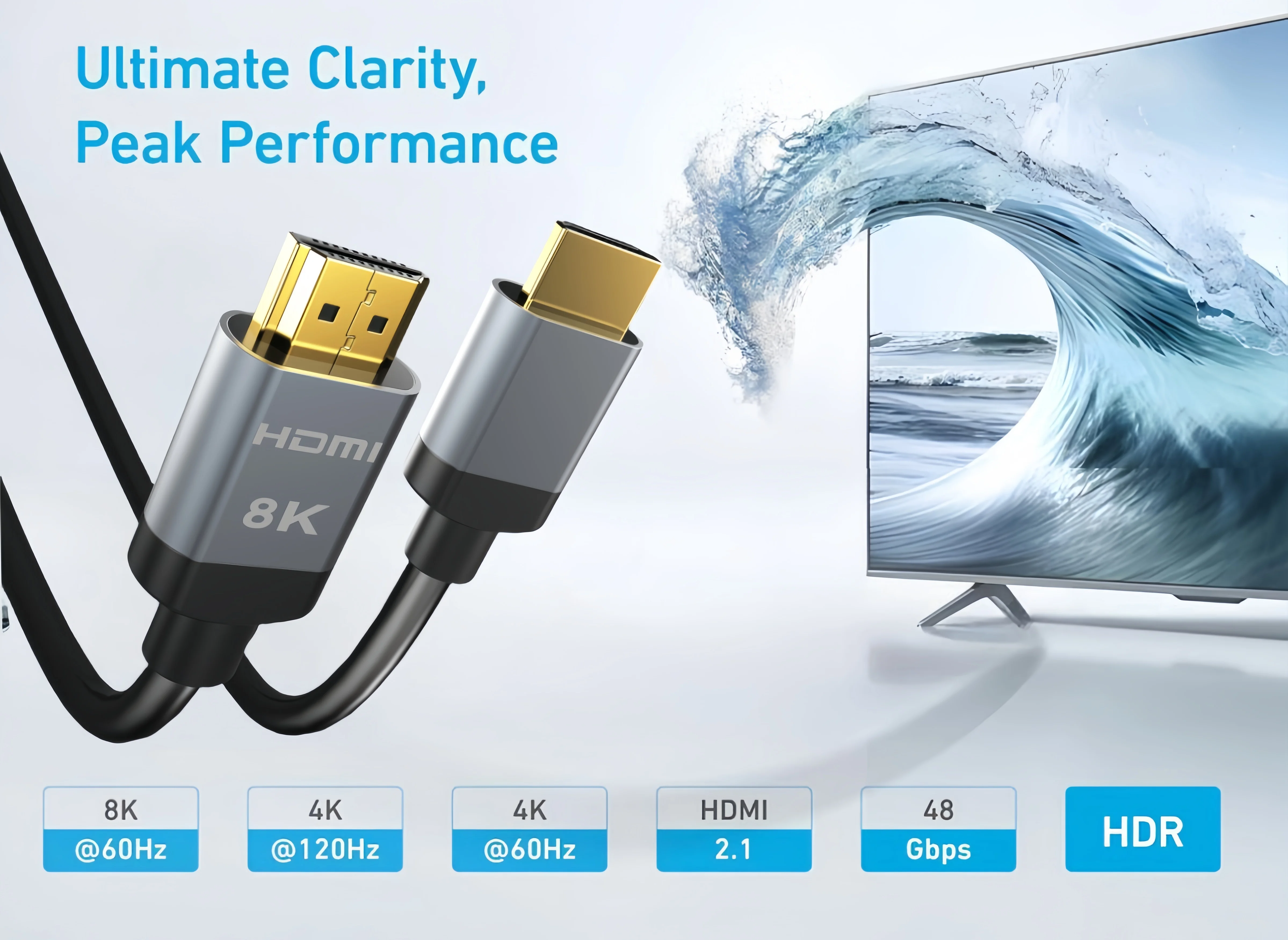 Una pantalla de TV con una onda que se bloquea y una caja de cable con un conector dorado