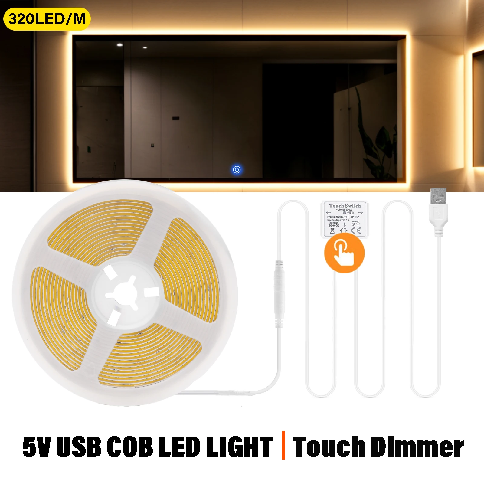 Lámpara de retroiluminación LED regulable para espejo de maquillaje, tira COB USB de 5V, superbrillante, 320LED/m, para tocador de baño, con Interruptor táctil