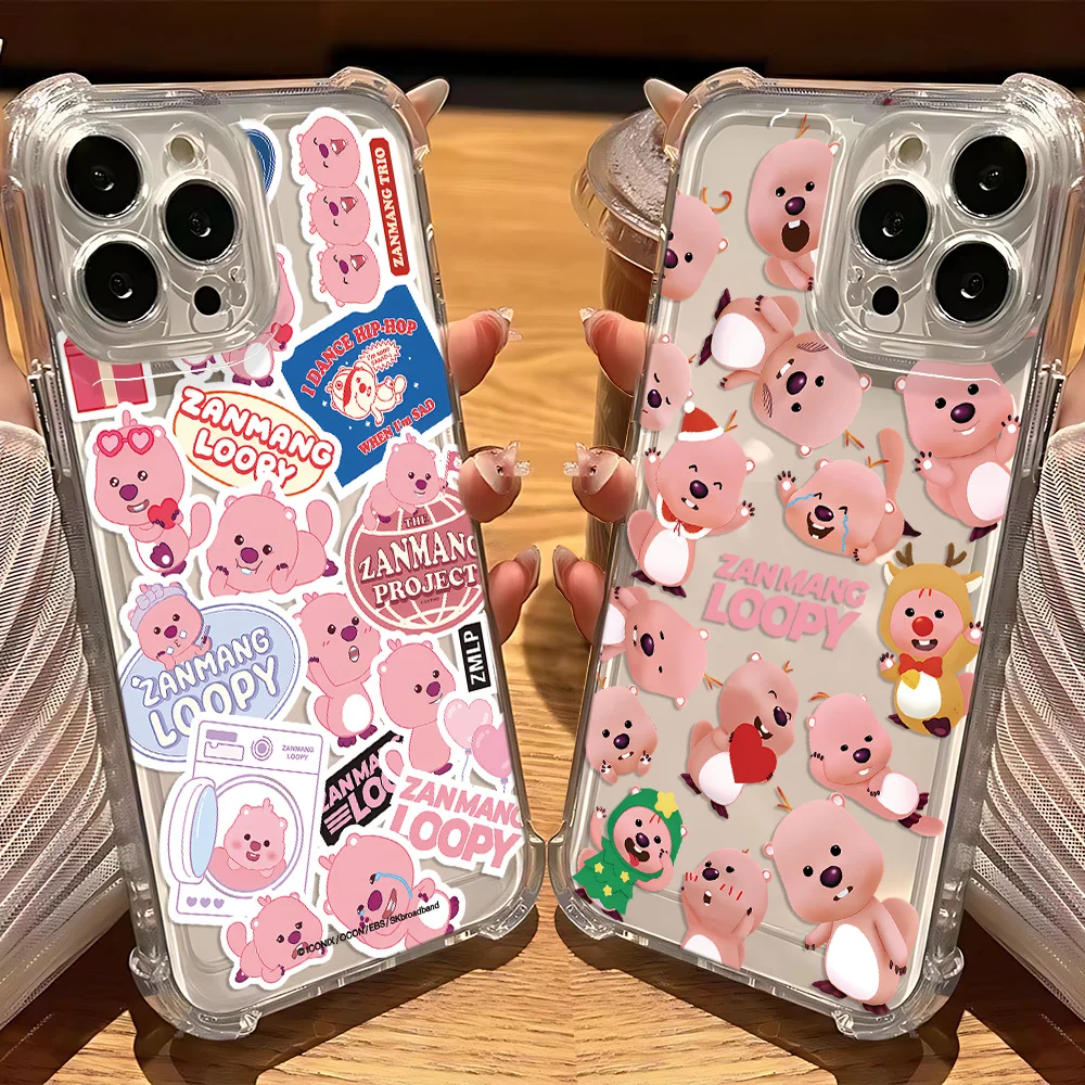 Funda de teléfono de muñeca caliente de Corea Loopy de dibujos animados para iPhone 16 15 14 13 12 11 Mini Pro Max X XR XSMax 8 Plus cubierta transparente anticaída