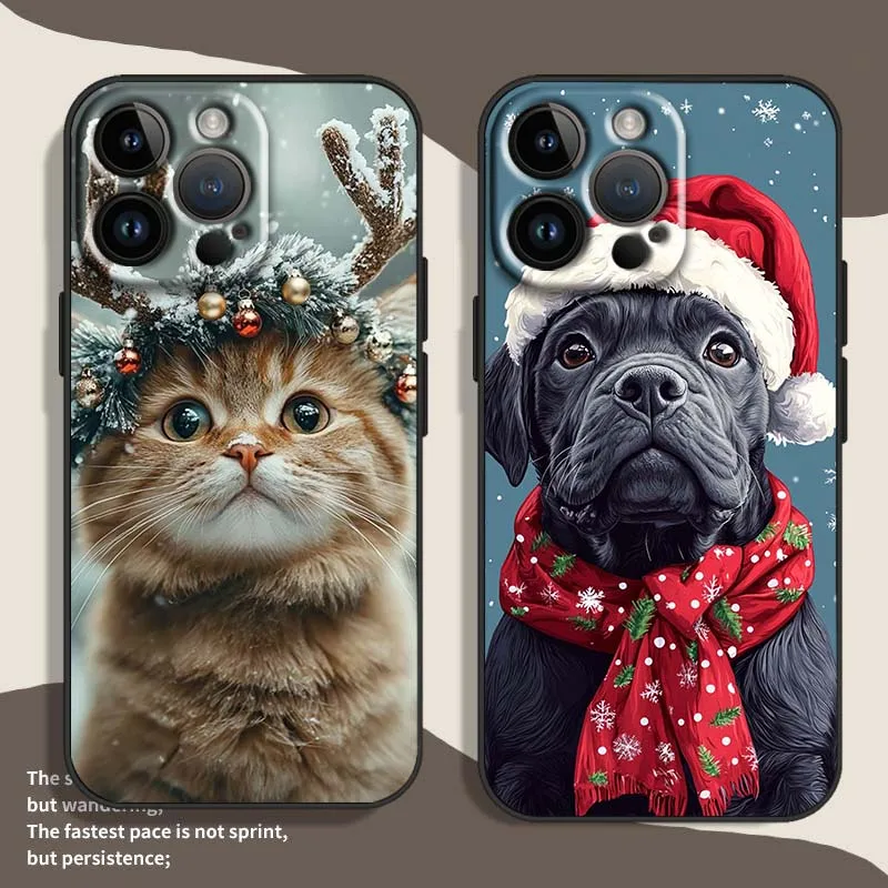 Navidad gatos perros para Apple iPhone 17 Air 16e 16 15 14 13 XS X Mini Plus Pro Max funda de teléfono negra - imagen 2