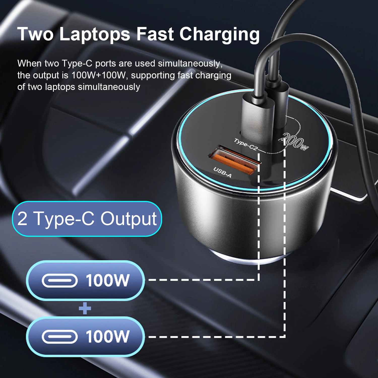 Adaptador de cargador de coche USB C de 200W, 3 puertos tipo C, PD 100W + PD 100W, carga rápida para iPhone, Galaxy, iPad, MacBook, ordenadores portátiles - imagen 3