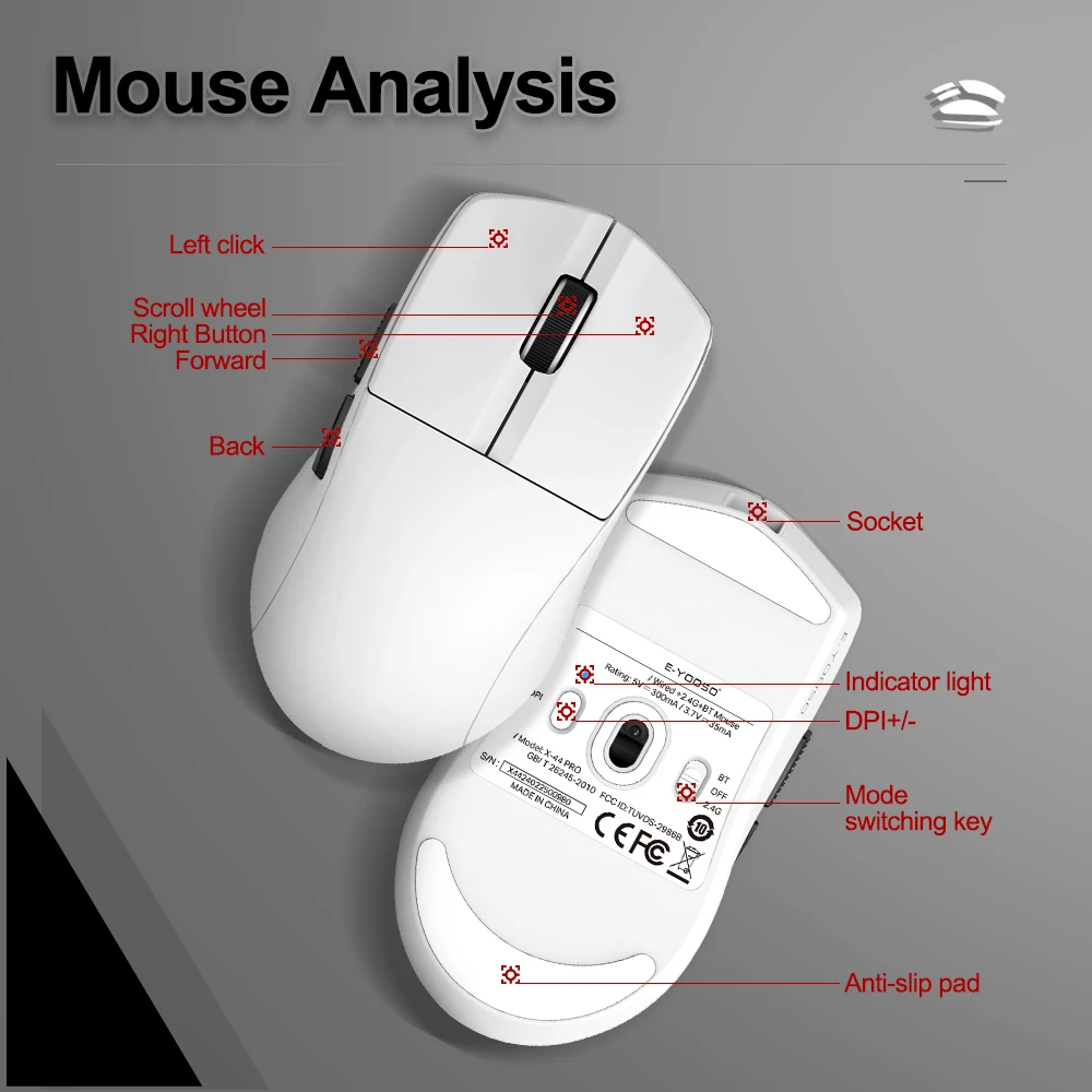 E-YOOSO X-44 USB 1K 2,4G soporte Bluetooth ratón de juego inalámbrico 26000 DPI PAW9339 ratones de juego programables para ordenador portátil - imagen 5