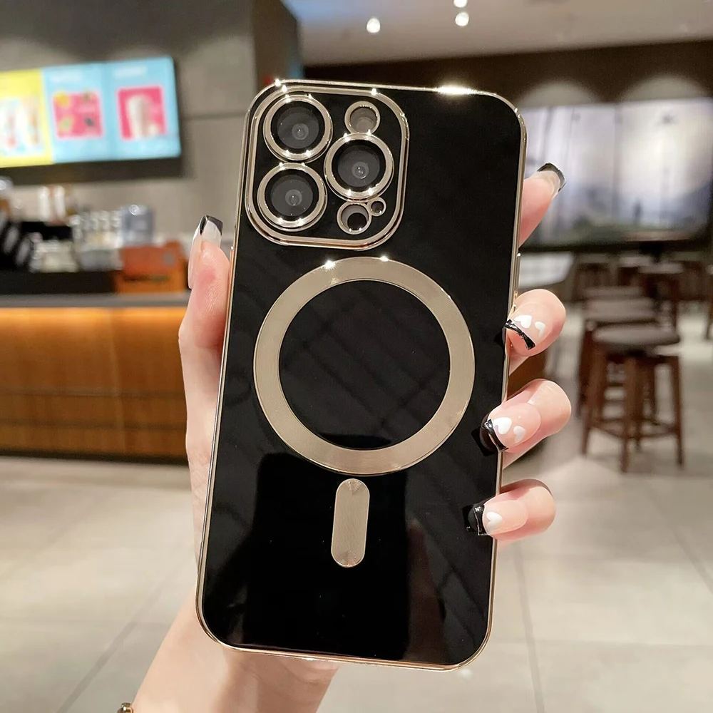 Funda de carga inalámbrica magnética galvanizada de lujo para iPhone 15 14 13 12 11 Pro Max Plus con cubierta protectora de lente de cámara - imagen 2