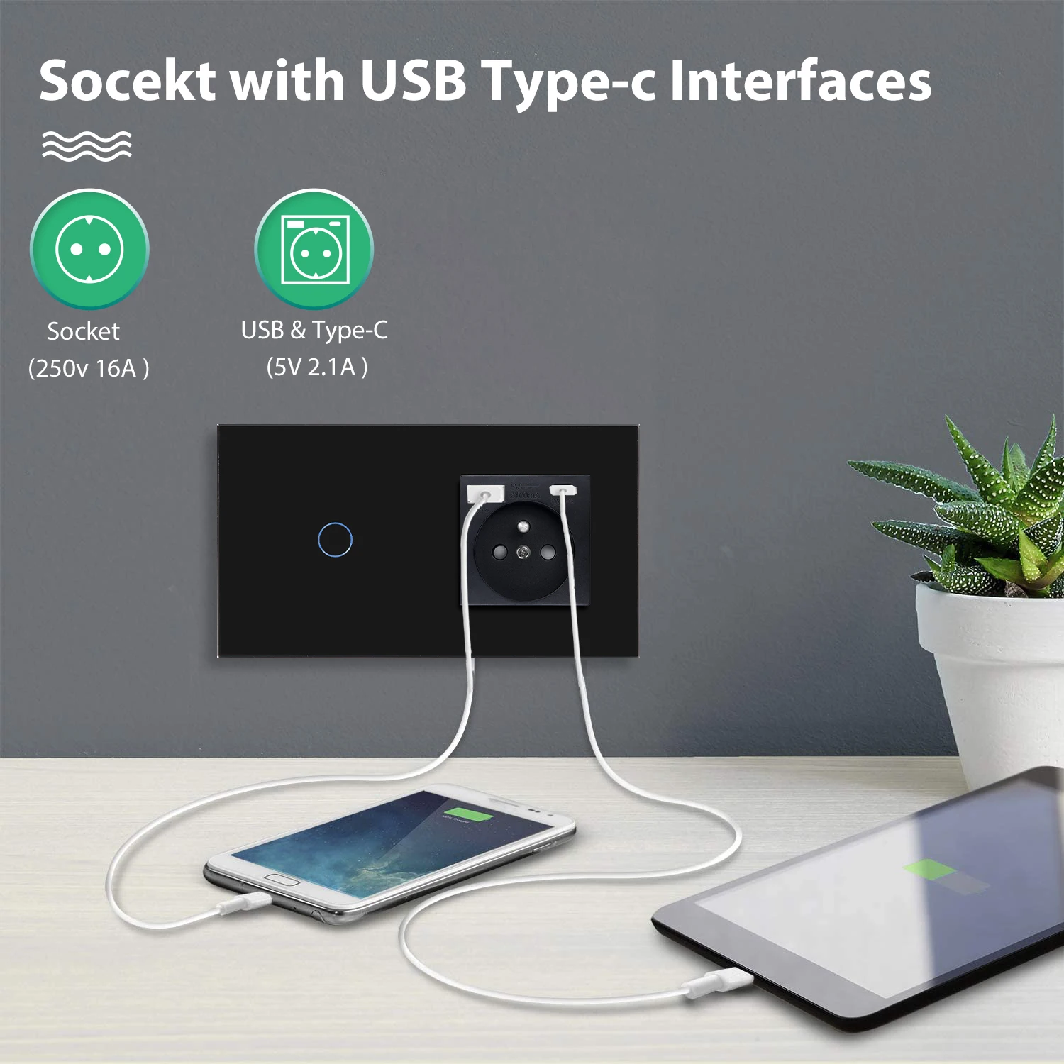 BSEED 1/2/3 interruptor de pared táctil con enchufes franceses USB tipo C interruptores con Sensor Led de 1 vía Panel de vidrio retroiluminación azul - imagen 3