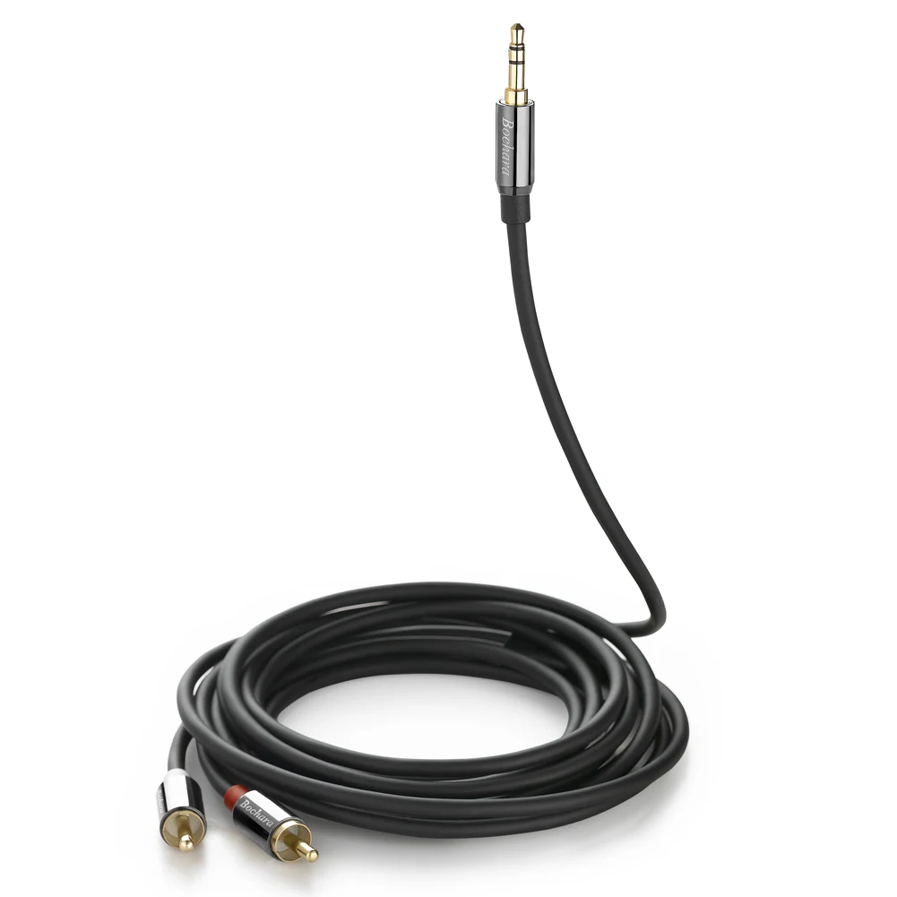 Bochara-cable de Audio TRS 1/8mm a 2RCA OFC, Cable de aluminio + blindaje trenzado para altavoces, amplificador, 5m, 10m, 15m, 20m, 3,5" - imagen 4