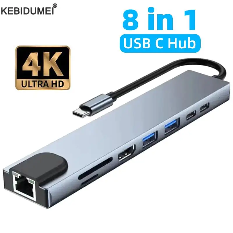 Estación de acoplamiento USB C 4K Compatible con HDMI 100M RJ45 SD lector de tarjetas TF tipo C PD Hub para ordenador portátil Macbook