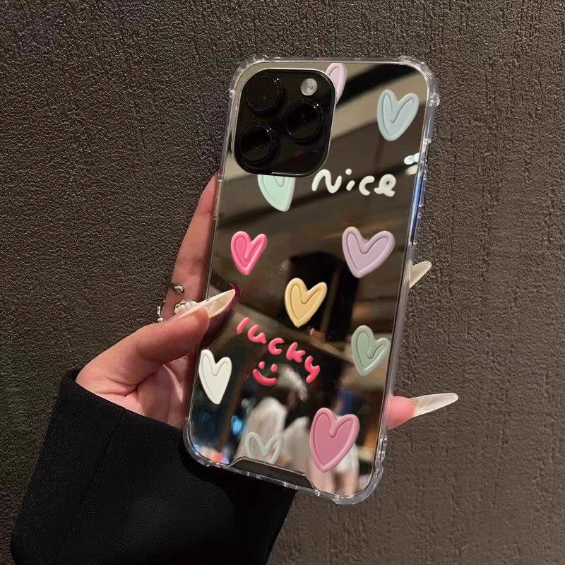 Graffiti Love Simple cara sonriente espejo funda de teléfono para iPhone 16 15 14 Pro Max 11 12 13 Pro 7 8 Plus XR X XS Max cubierta creativa