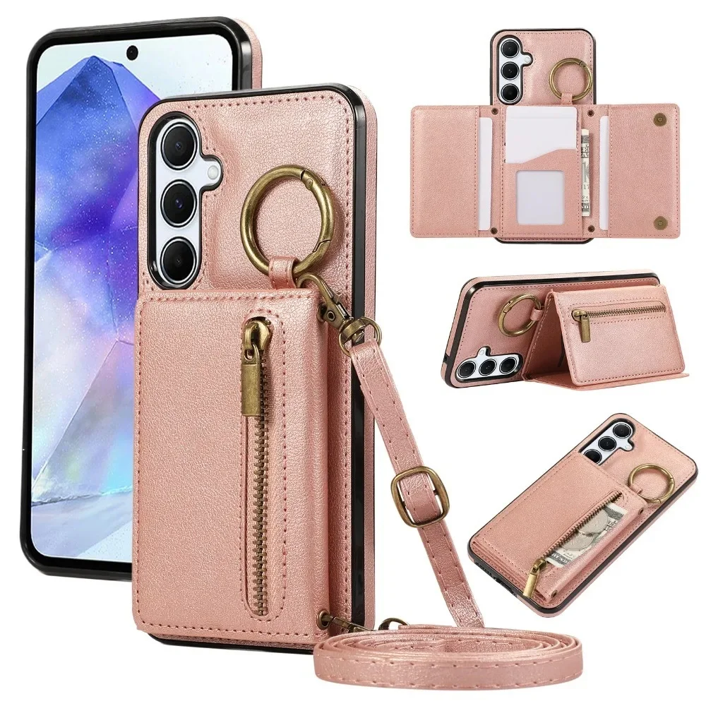 Funda de cuero con tarjetero y cremallera cruzada para Samsung Galaxy S25 S23 Ultra S22 Plus S24 FE S25Ultra, accesorio de cubierta para mujer
