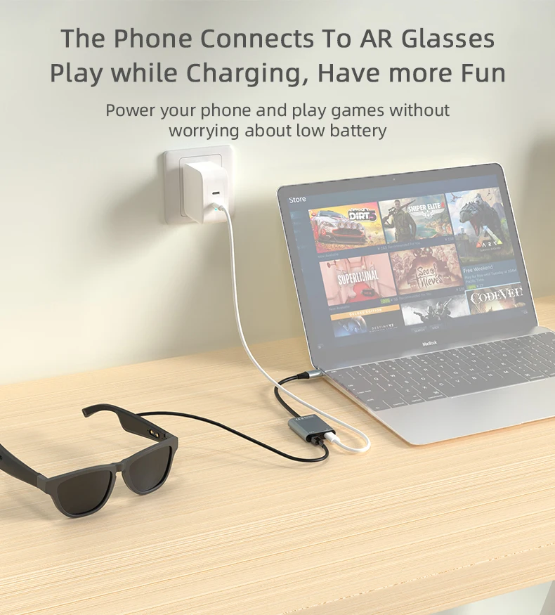 Estación de acoplamiento para gafas AR, HUB para teléfono, tableta, portátil, PC, carga, transmisión de datos, Adaptador tipo C, 2 en 1, transmisión en vivo, PD100W - imagen 5