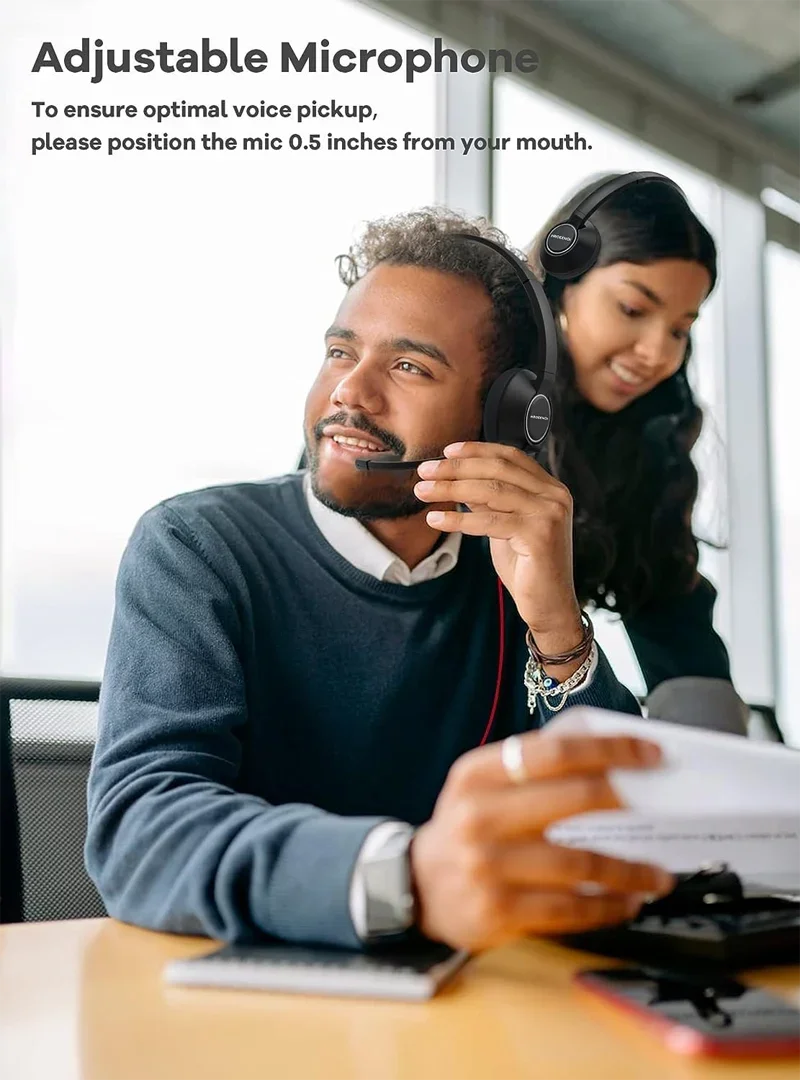 HROEENOI Centro de llamadas Auriculares con cancelación de ruido de voz clara con micrófono para PC portátil Auriculares con cable para el trabajo, reuniones de equipos WRHW05 - imagen 5