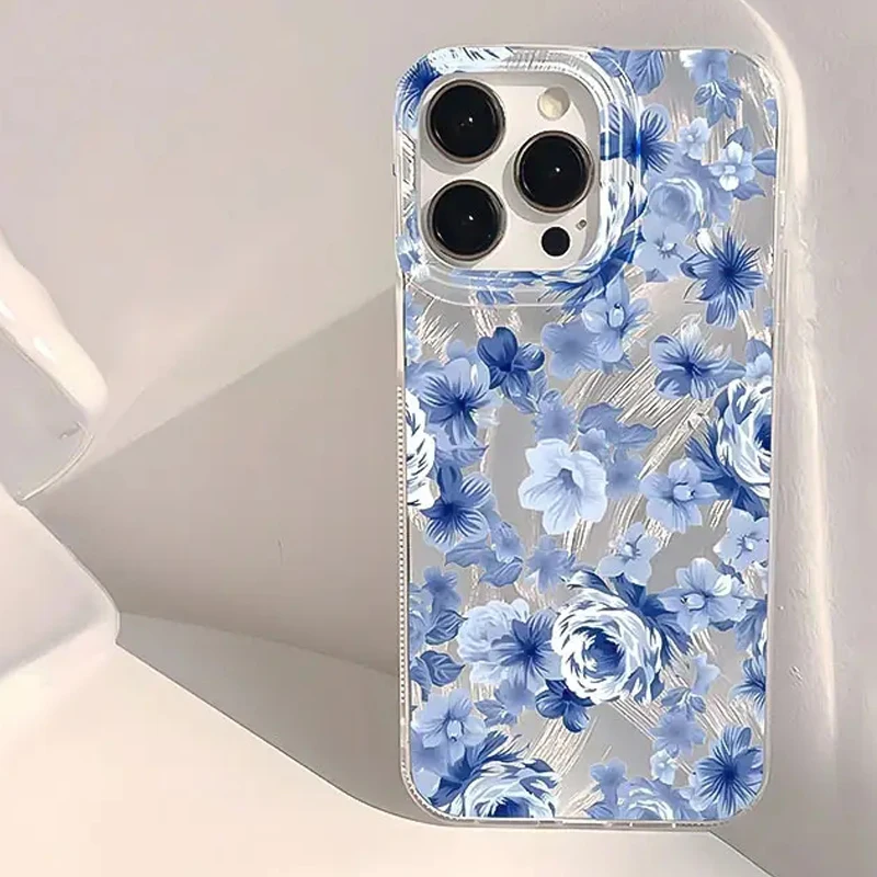 Funda de teléfono con patrón Floral azul a la moda para Samsung Galaxy S25 S24 S23 S22 Ultra Plus S21FE A55 A54 A15 A35 A16 A56 A36 - imagen 2