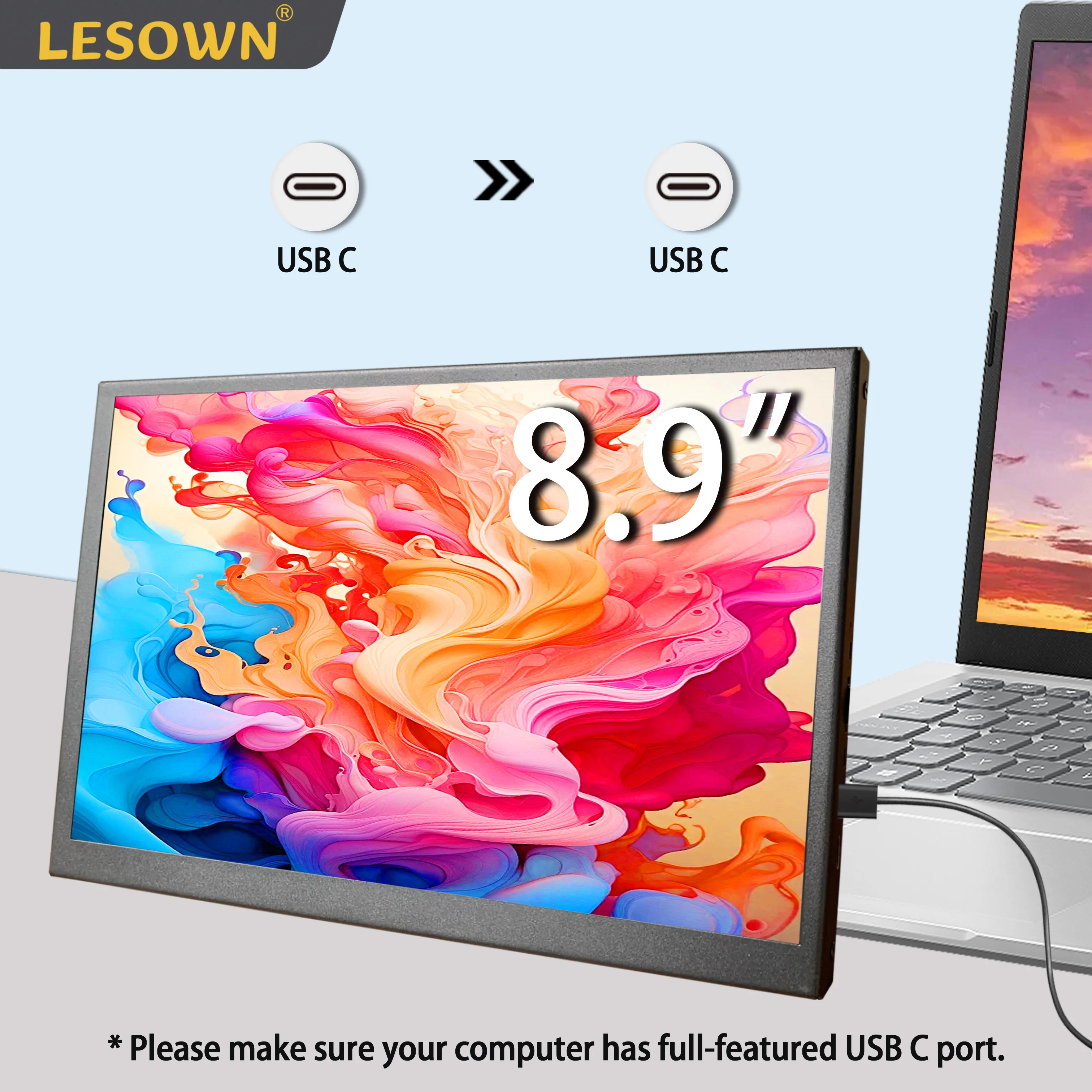 LESOWN 8,9 Monitor ultraportátil de 10,1 pulgadas 1920x1200 IPS pantalla externa delgada alimentada por USB-C para computadoras portátiles dispositivos móviles juegos