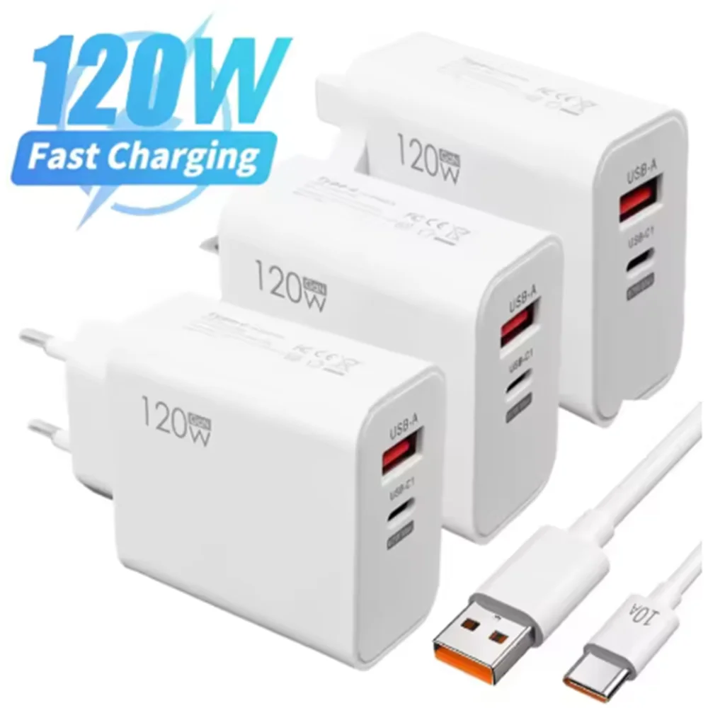 Cargador USB de puertos duales de 120W, cargador rápido PD QC 3,0 USB C, adaptador de pared con enchufe UE/REINO UNIDO/EE. UU. con Cable de carga tipo C de 1M