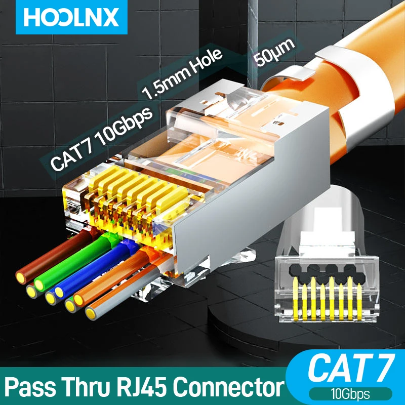 Hoolnx Cat7 RJ45 Conectores de paso 3 clavijas CAT6A 50U chapado en oro Conector modular de paso blindado de 2 piezas para cable FTP/STP