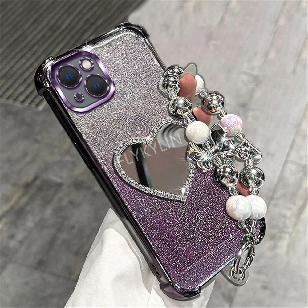 Funda de teléfono de lujo con pulsera a prueba de golpes para Samsung A53 A52 A32 A13 A23 A33 A73 A12 A22 A03 Core A51 cubierta de espejo de corazón brillante - imagen 3