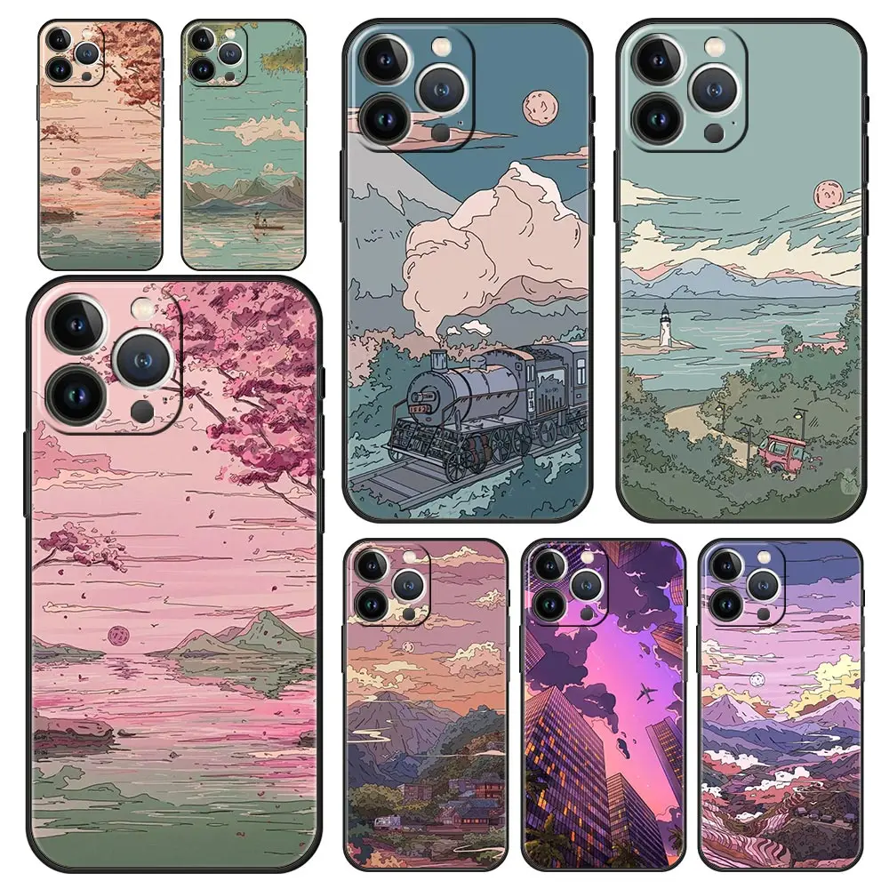 Funda de teléfono de lujo con paisaje de puesta de sol de Japón, cubierta protectora de silicona negra para iPhone 13, 15, 14, 12, 11 Pro MAX, XR, X, SE, XS, 7, 8 Plus