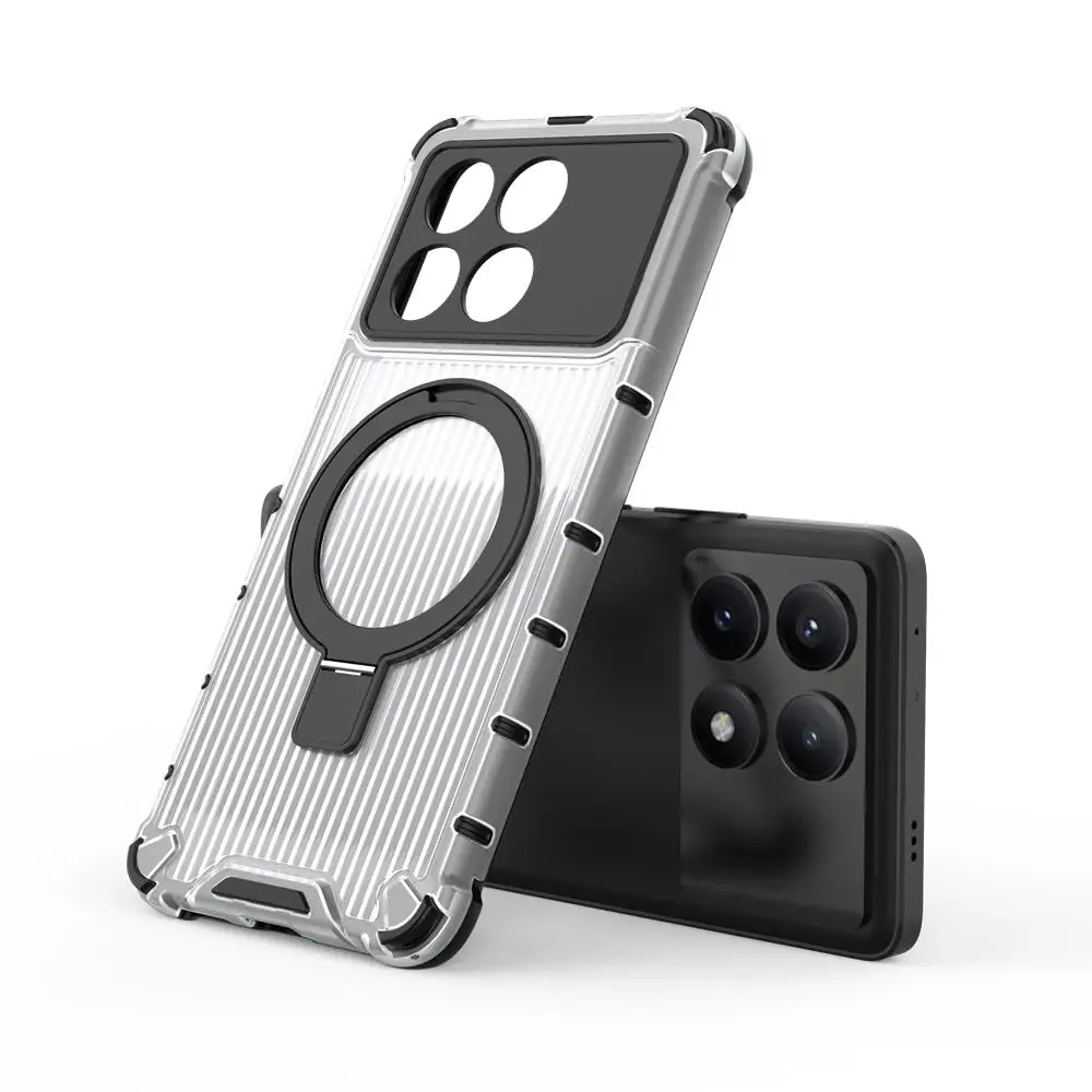 Funda de teléfono transparente con soporte de Metal magnético corrugado para Magsafe Xiaomi Poco X6 Pro F6 Pro cubierta protectora completa