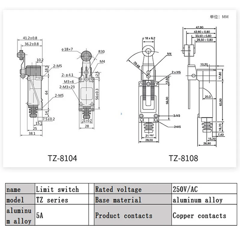 TZ-8108 TZ-8104 interruptor de límite brazo de palanca de rodillo ajustable giratorio Mini mango de reinicio momentáneo impermeable contacto de latón - imagen 5