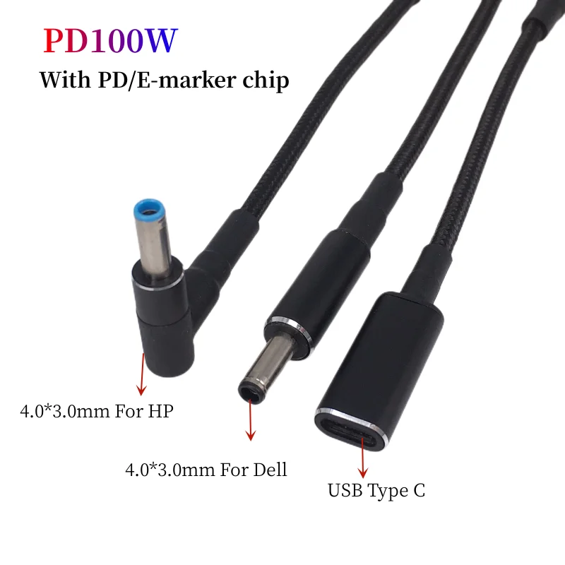 Convertidor de enchufe tipo C a 4,5x3,0mm, Cable de carga rápida USB C PD de 100W para cargador de portátil HP/Dell DC 4,5*3,0