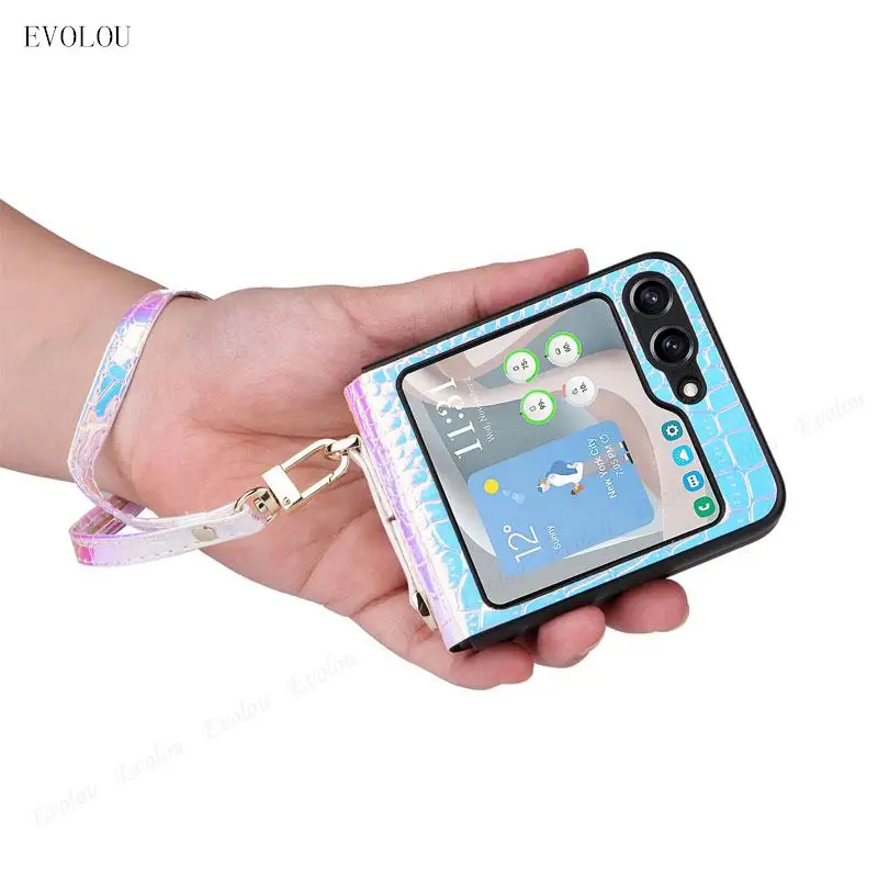Funda de cuero con correa para Samsung Galaxy Z Flip 5 Flip5, carcasa dura a prueba de golpes, de lujo - imagen 5