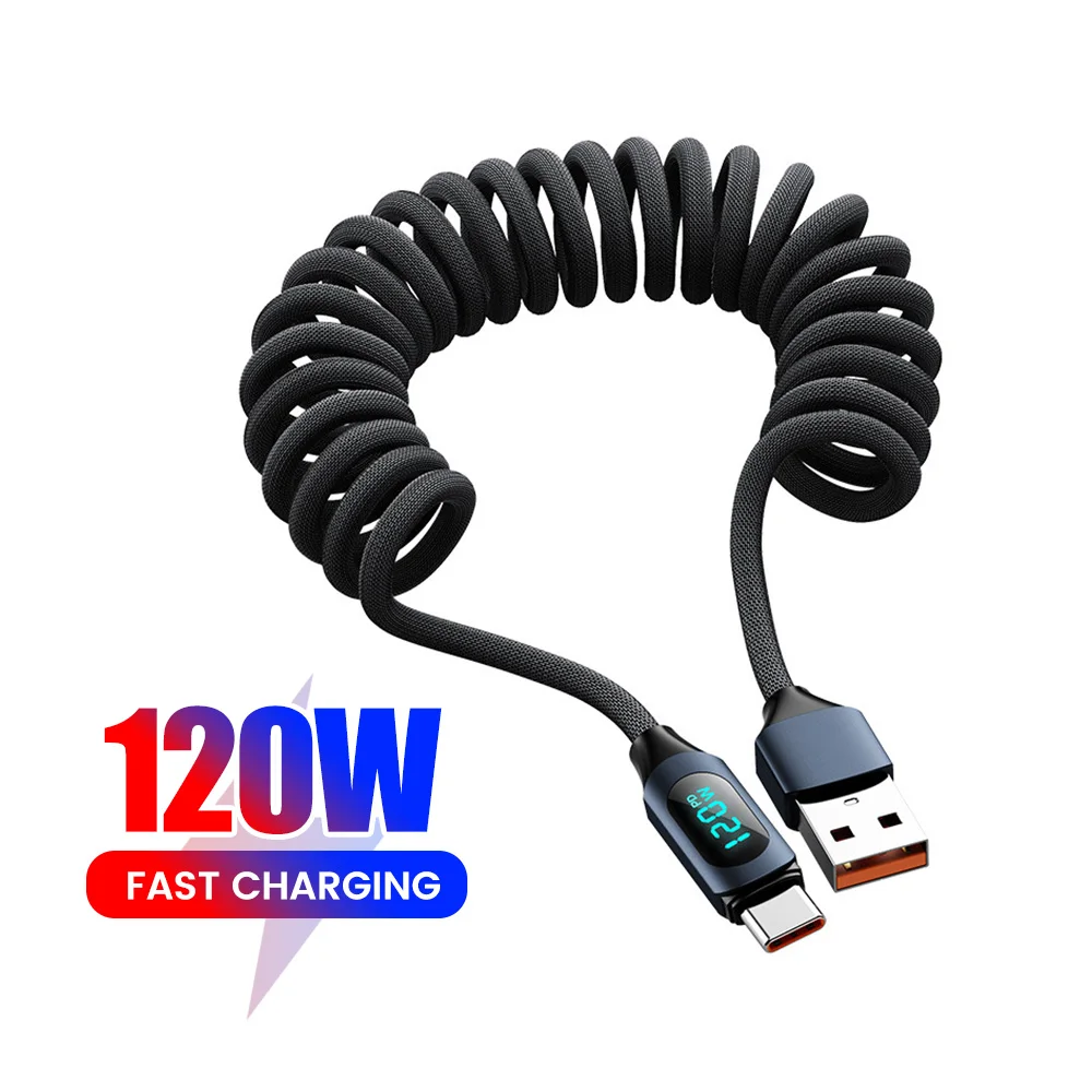 Cable de datos de carga rápida retráctil con resorte USB a tipo c 6A, Cable de carga súper rápida USB C a tipo c de 120W con LED para iPhone16 - imagen 2