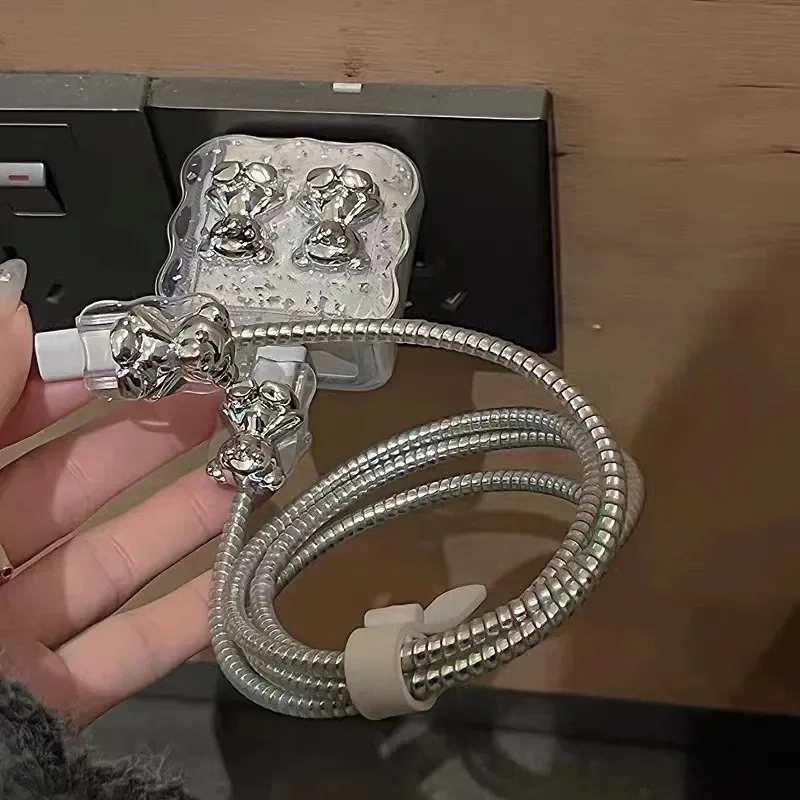 Funda de cargador de oso plateado 3D bonito de Corea para IPhone 11 12 13 14 15 18W-20W Correa de carga cubierta de protección brillante funda de cargador - imagen 3